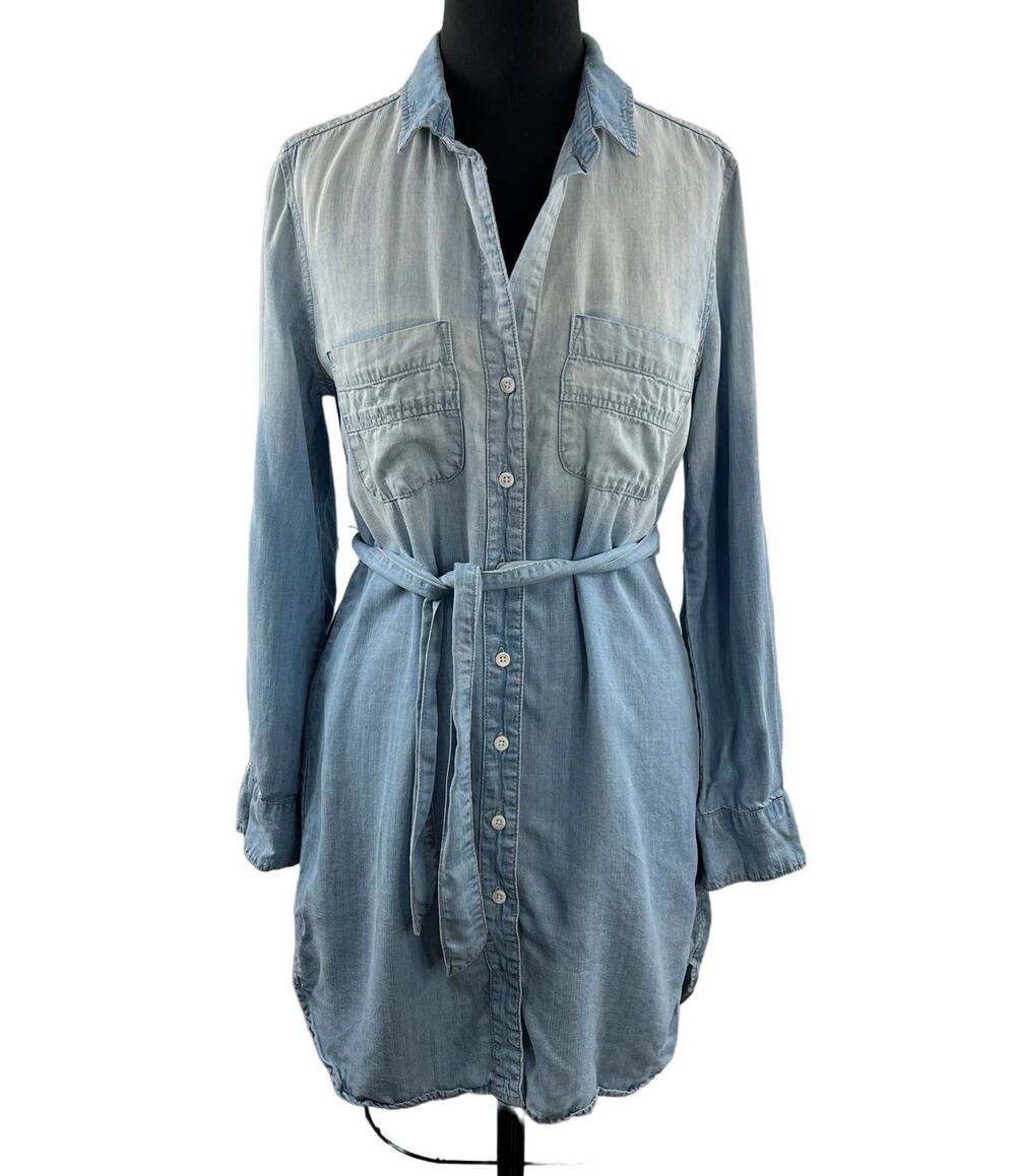 Cloth & Stone Blue Button Up Denim Dress Tie Waist Pocket Collared Long Sleeve S